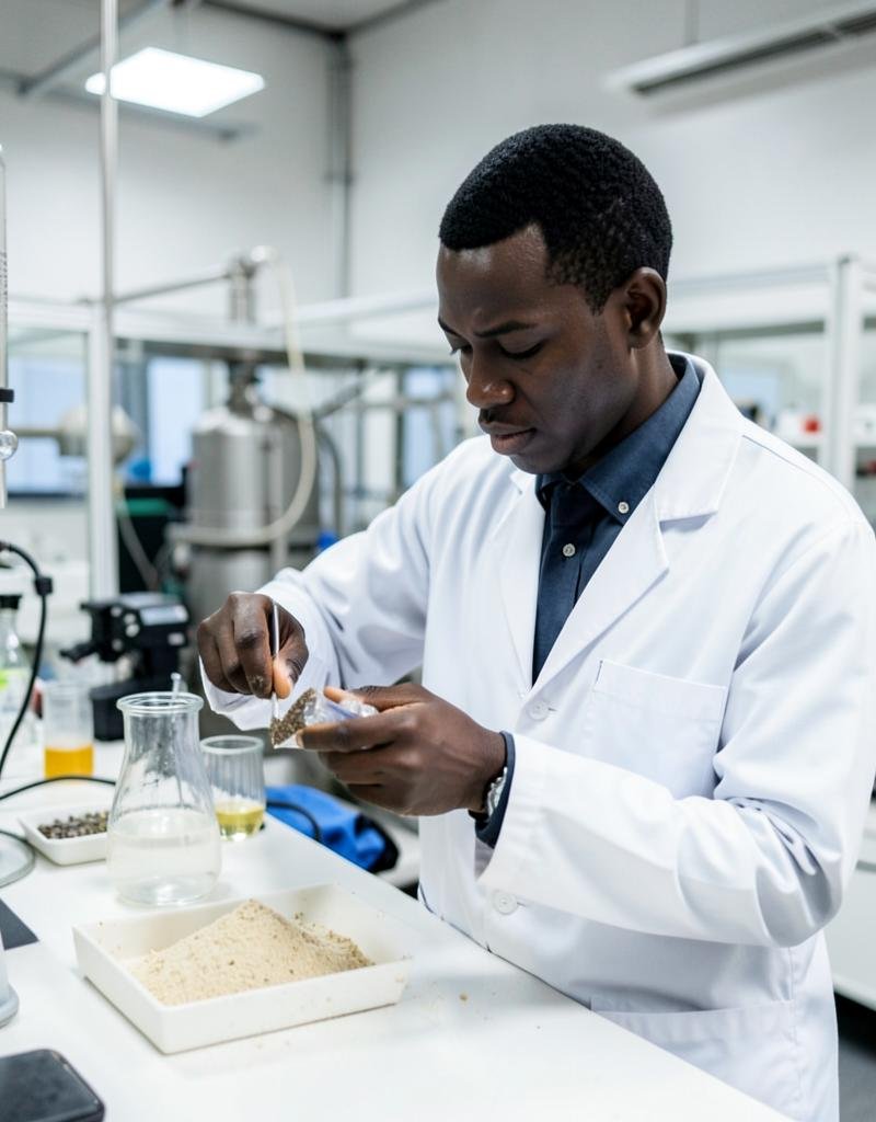 Technician inspecting a feed additive sample in a laboratory